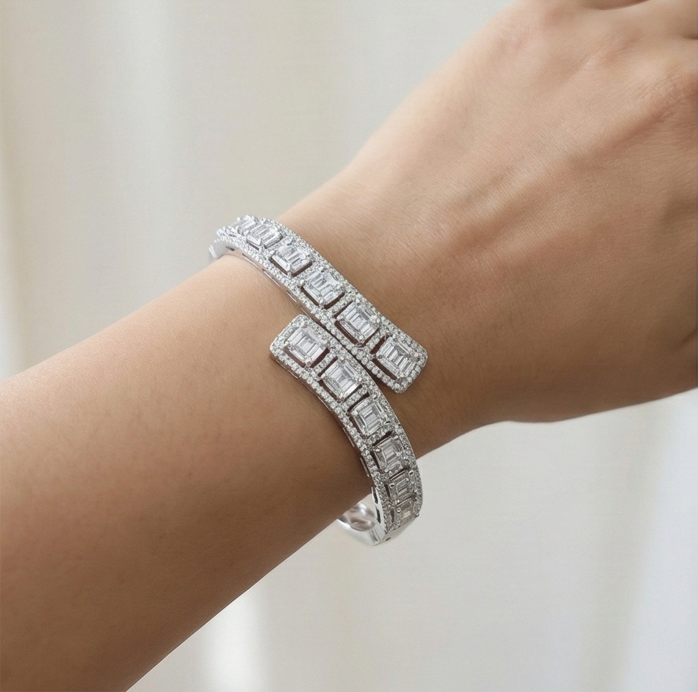 925 Sterling Silver Bypass Hinged Bangle High Polish Rhodium Finish Jewellery