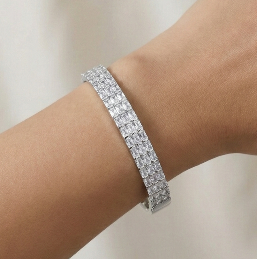 925 Sterling Silver Double Row Hinged Bangle High Polish Rhodium Finish Jewellery