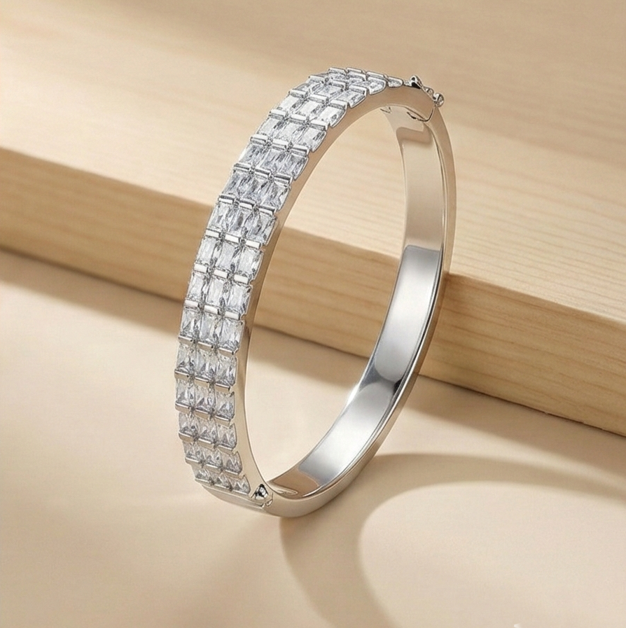 925 Sterling Silver Double Row Hinged Bangle High Polish Rhodium Finish Jewellery