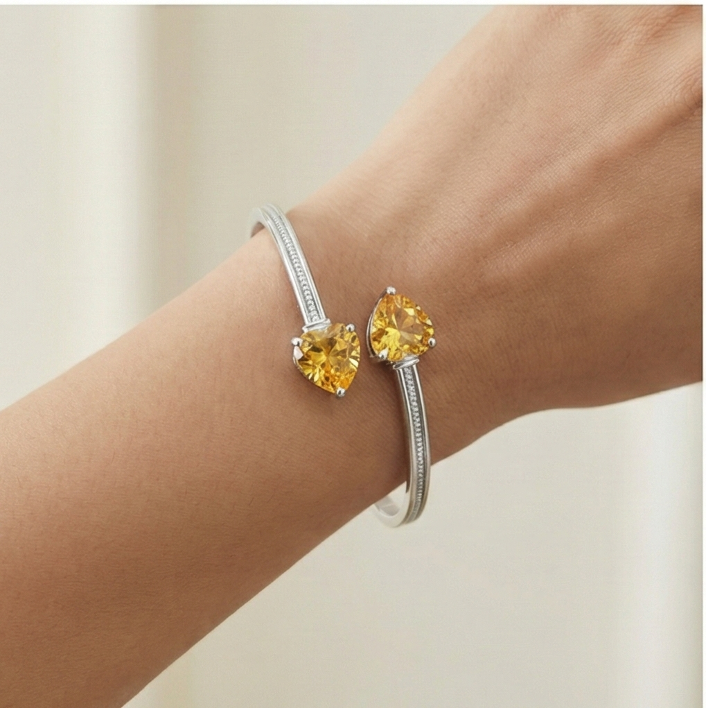925 Sterling Silver Open Cuff Amber Heart Bracelet High Polish Rhodium Finish Jewellery