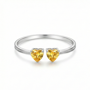 925 Sterling Silver Open Cuff Amber Heart Bracelet High Polish Rhodium Finish Jewellery