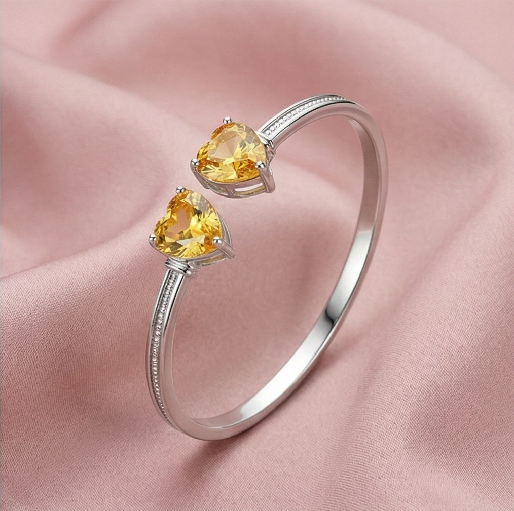 925 Sterling Silver Open Cuff Amber Heart Bracelet High Polish Rhodium Finish Jewellery