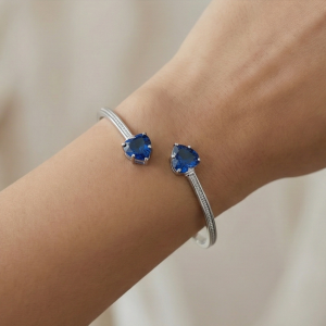 925 Sterling Silver Blue Heart Cuff Bracelet High Polish Rhodium Finish Jewellery