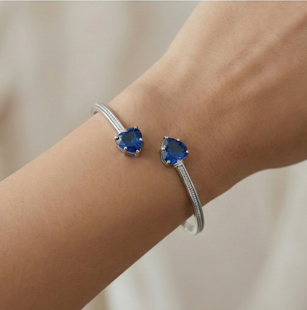 925 Sterling Silver Blue Heart Cuff Bracelet High Polish Rhodium Finish Jewellery