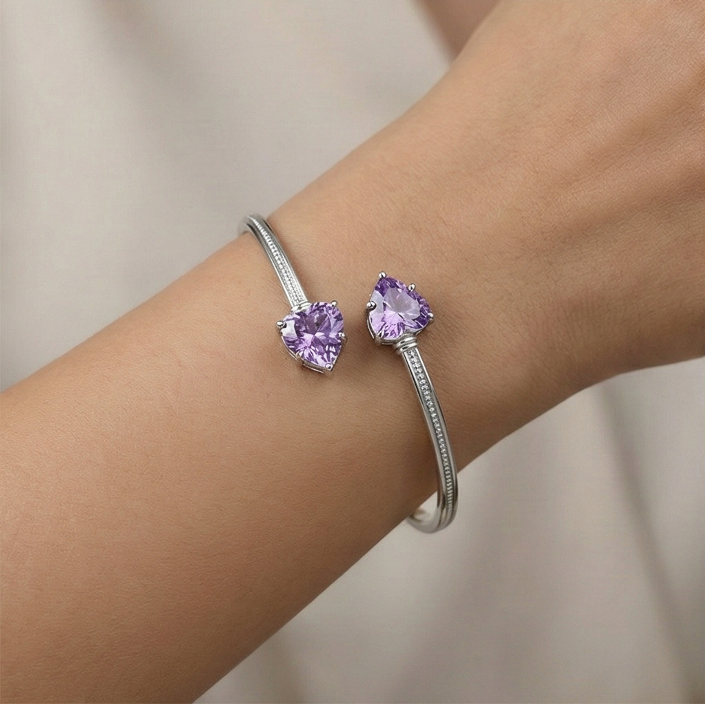 925 Sterling Silver Purple Heart Cuff Bracelet High Polish Rhodium Finish Jewellery