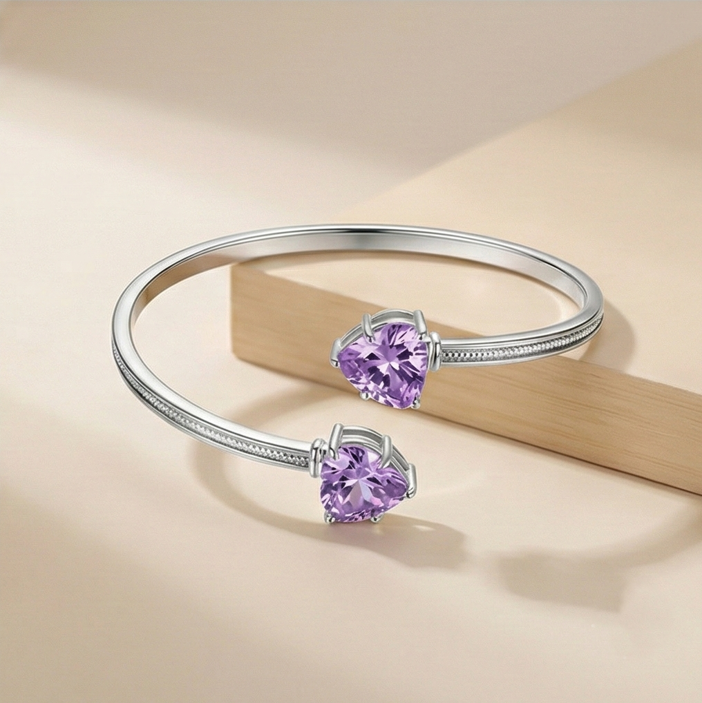 925 Sterling Silver Purple Heart Cuff Bracelet High Polish Rhodium Finish Jewellery