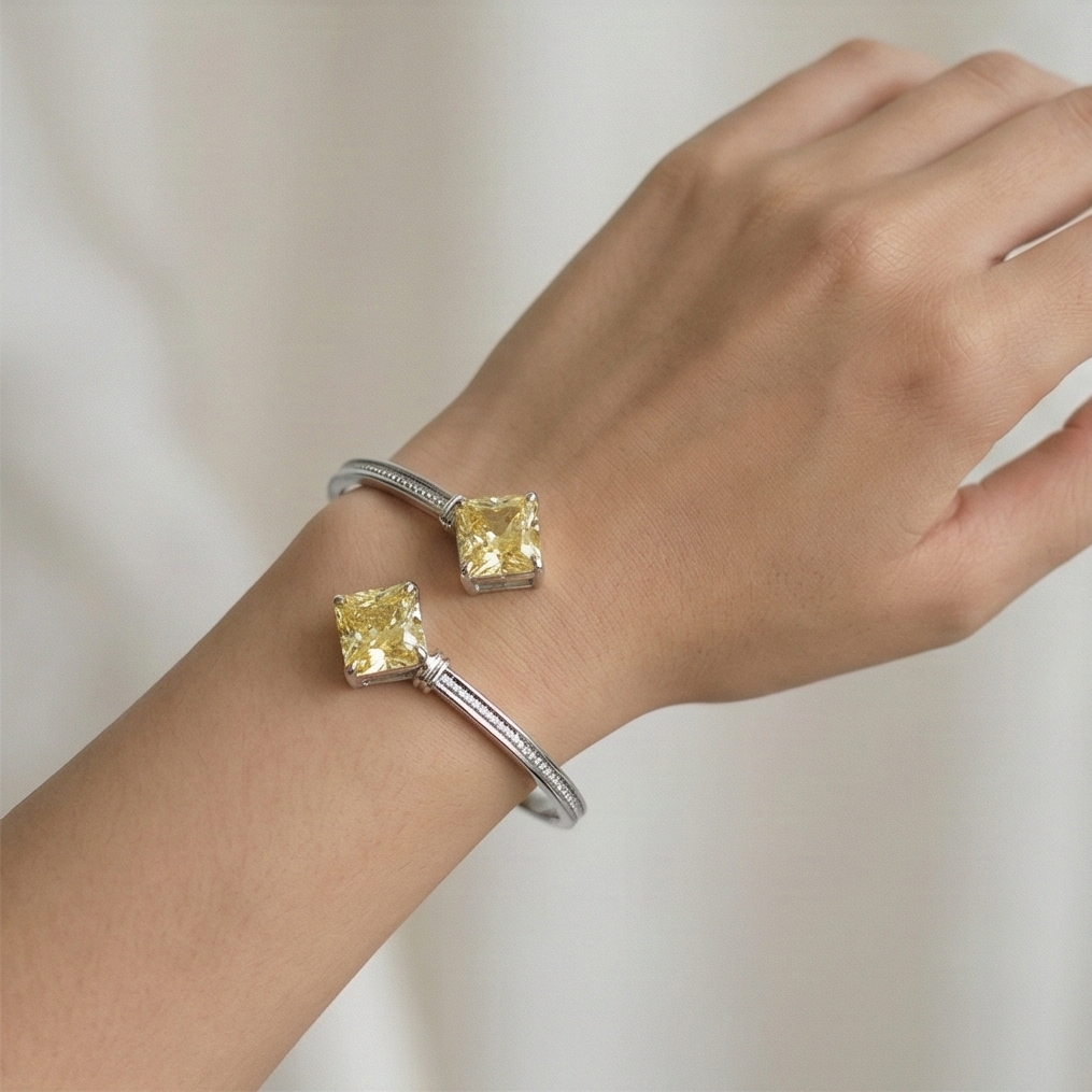 925 Sterling Silver Yellow Square Cuff Bracelet High Polish Rhodium Finish Jewellery