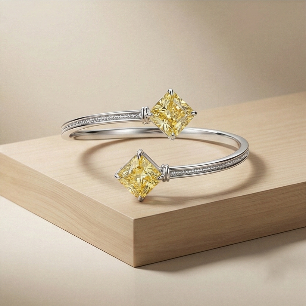 925 Sterling Silver Yellow Square Cuff Bracelet High Polish Rhodium Finish Jewellery