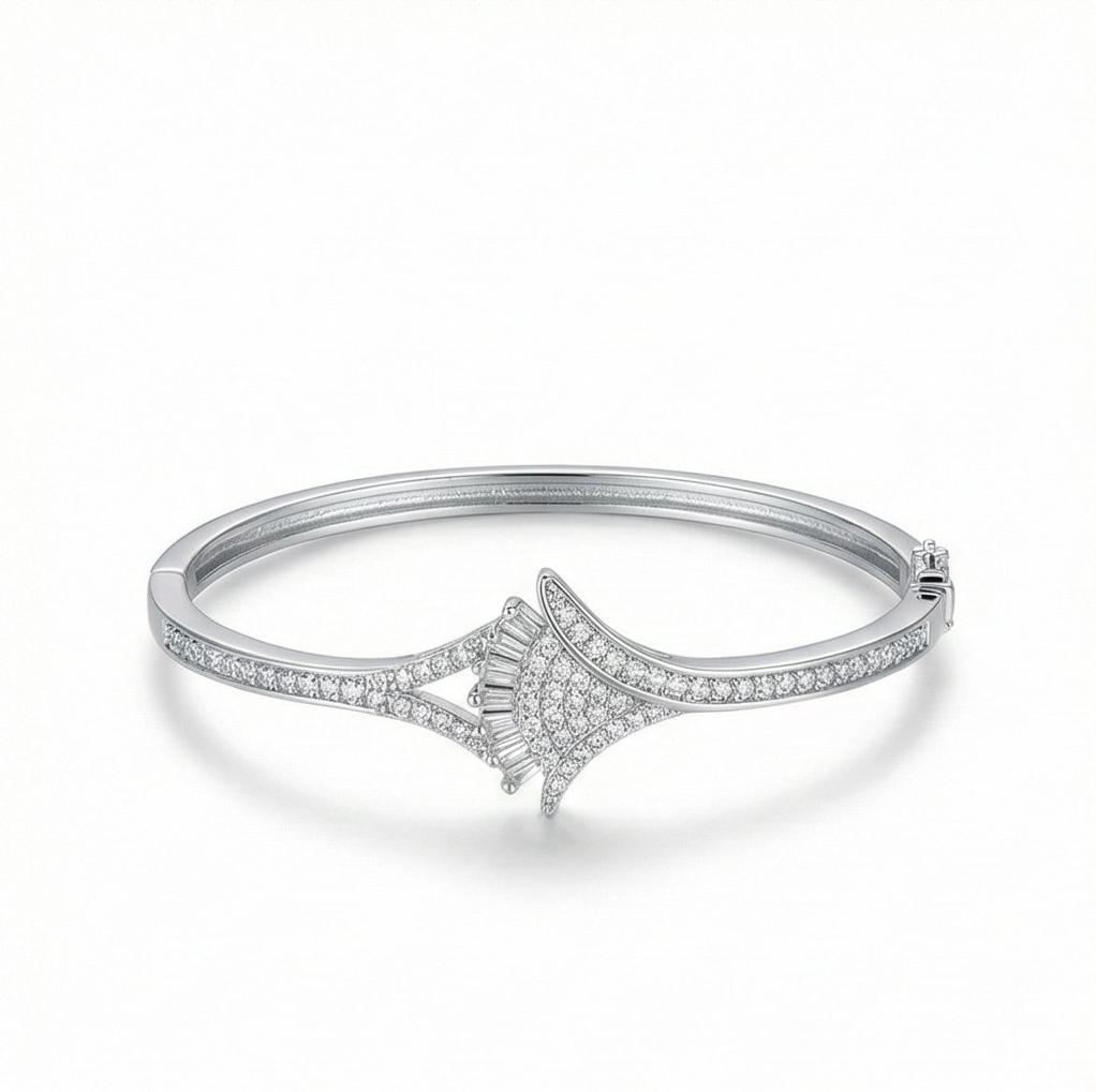 925 Sterling Silver Geometric Hinged Bangle High Polish Rhodium Finish Jewellery