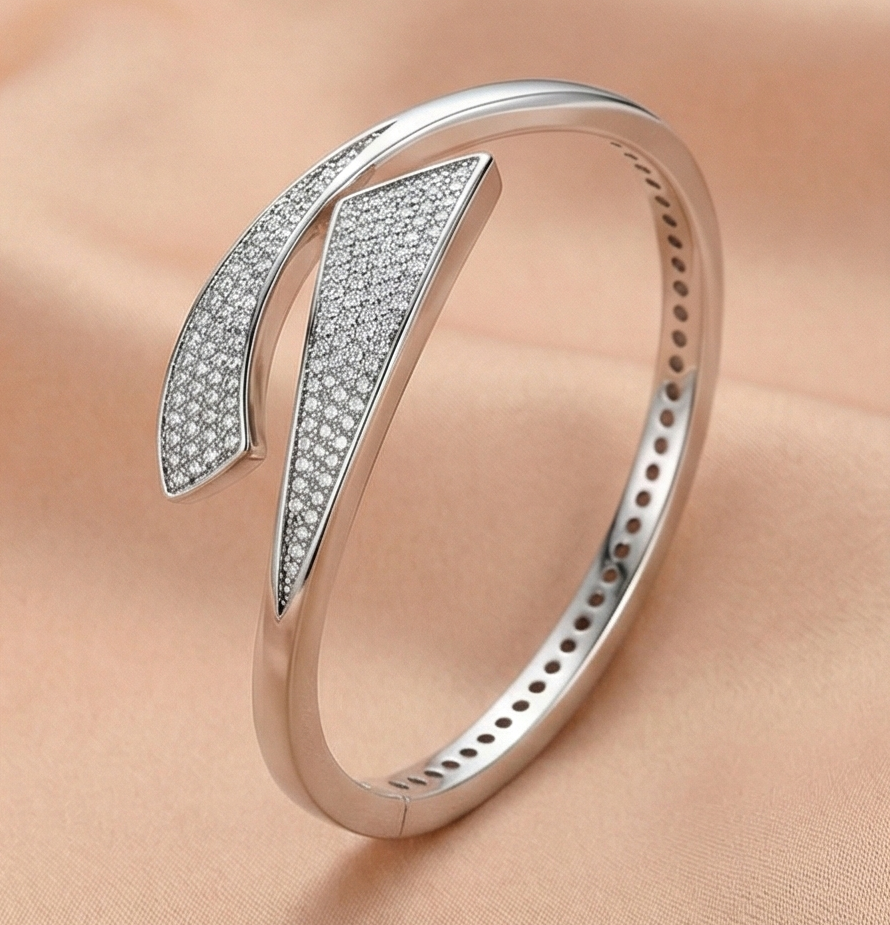 925 Sterling Silver Bypass Kada Bracelet High Polish Rhodium Finish Fine Jewellery
