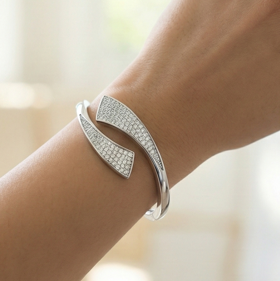 925 Sterling Silver Bypass Kada Bracelet High Polish Rhodium Finish Fine Jewellery