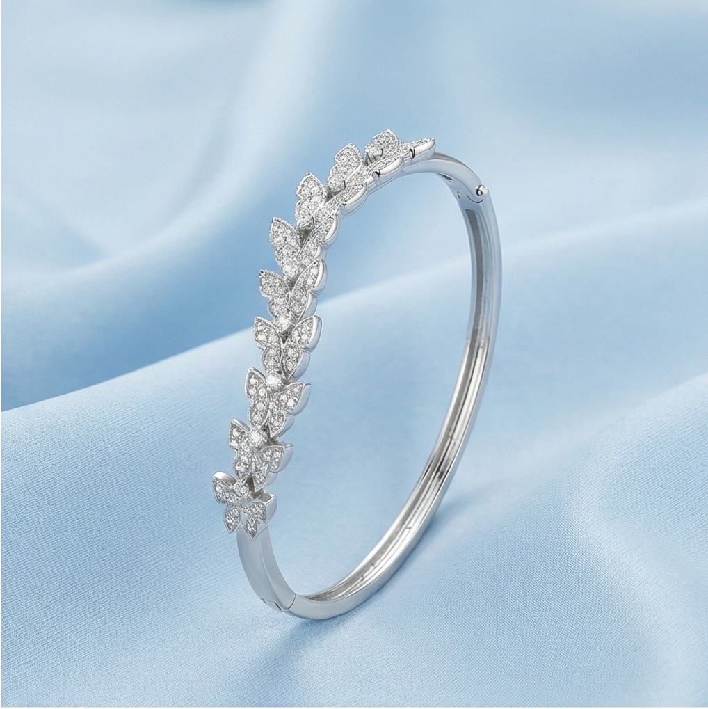 925 Sterling Silver Leaf Motif Kada Bracelet High Polish Rhodium Finish Nature Inspired Jewellery