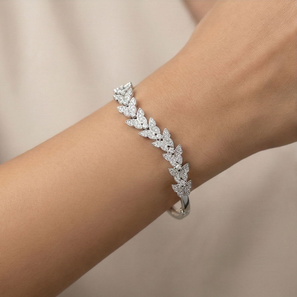 925 Sterling Silver Leaf Motif Kada Bracelet High Polish Rhodium Finish Nature Inspired Jewellery