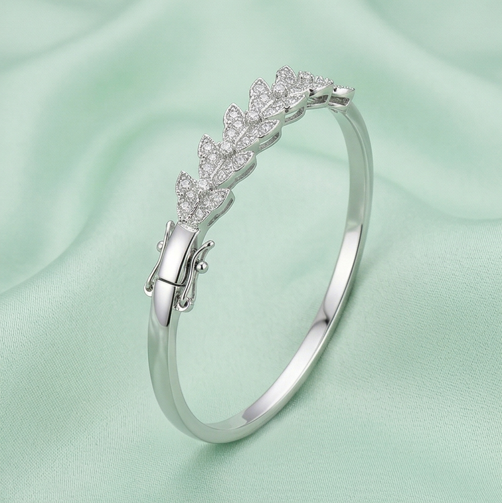 925 Sterling Silver Leaf Motif Kada Bracelet High Polish Rhodium Finish Nature Inspired Jewellery