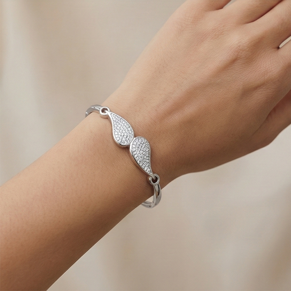 925 Sterling Silver Teardrop Motif Kada Bracelet High Polish Rhodium Finish Minimalist Jewellery