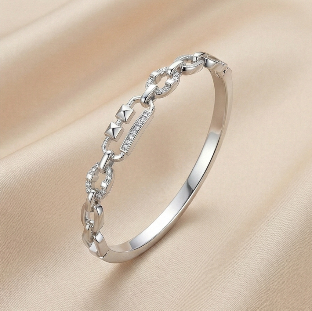925 Sterling Silver Chain Link Kada Bracelet High Polish Rhodium Finish Contemporary Jewellery