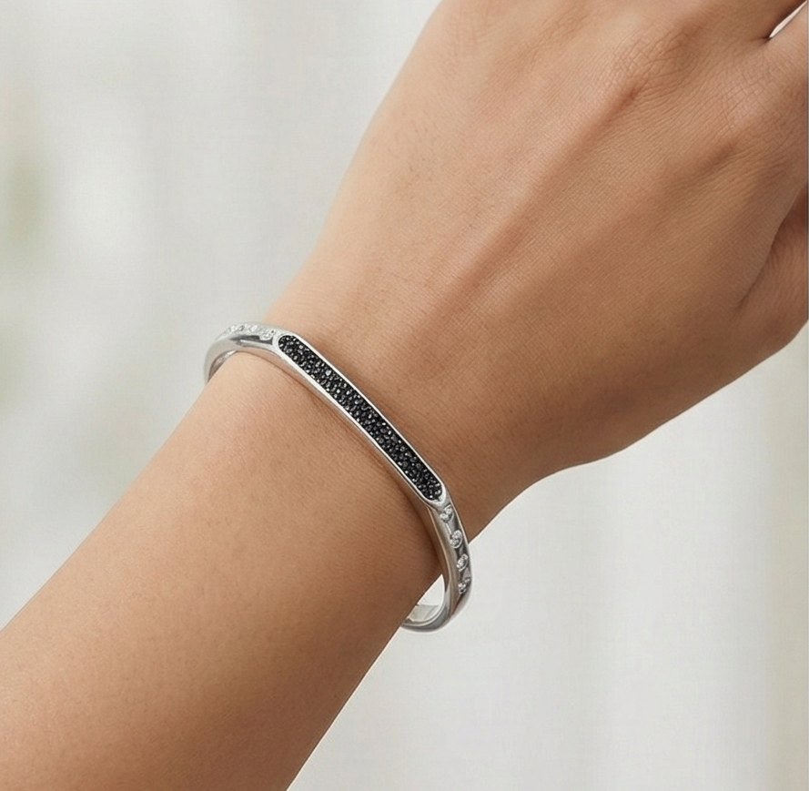 925 Sterling Silver Contrast Black Detail Open Cuff Bracelet High Polish Rhodium Finish Fashion Jewellery