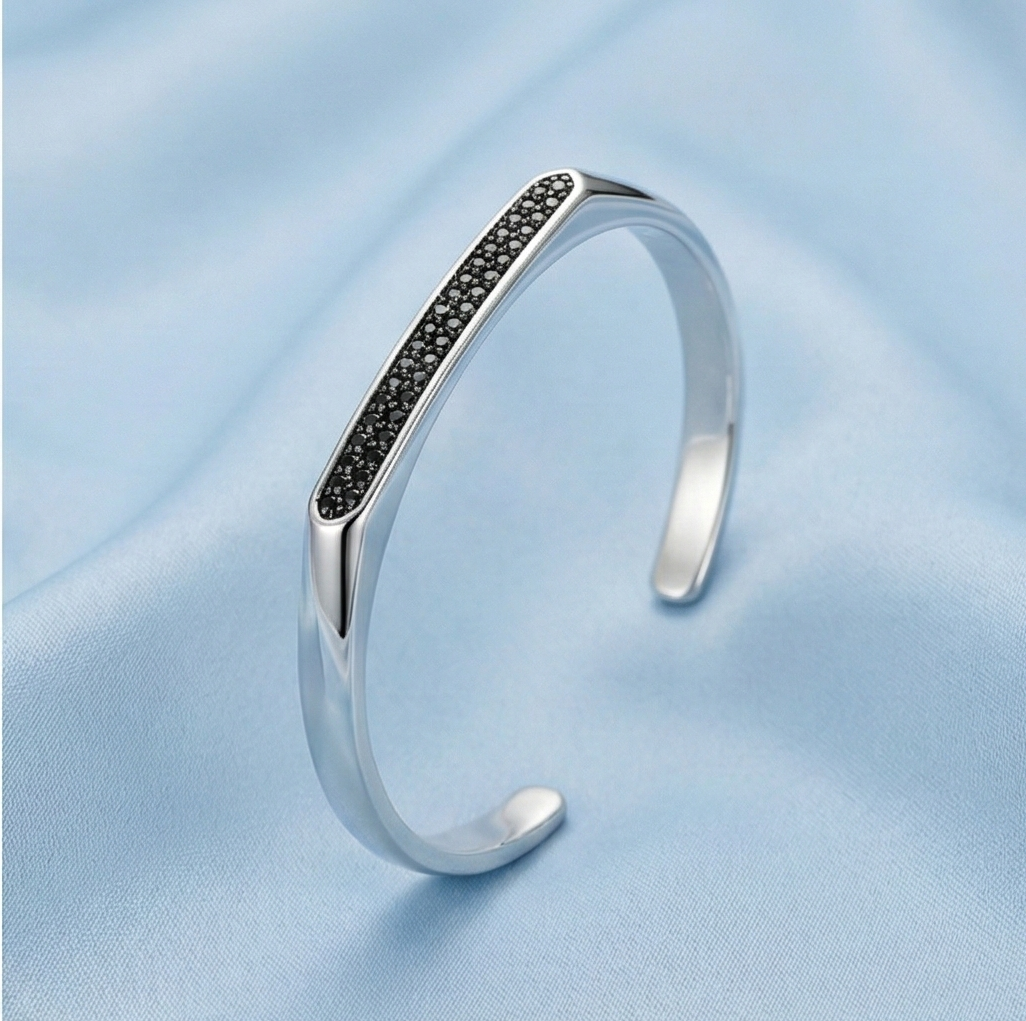 925 Sterling Silver Black Stone Open Cuff Bracelet High Polish Rhodium Finish Statement Jewellery