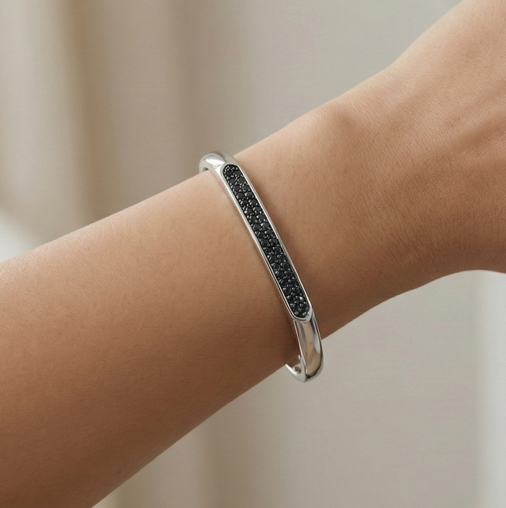 925 Sterling Silver Black Stone Open Cuff Bracelet High Polish Rhodium Finish Statement Jewellery