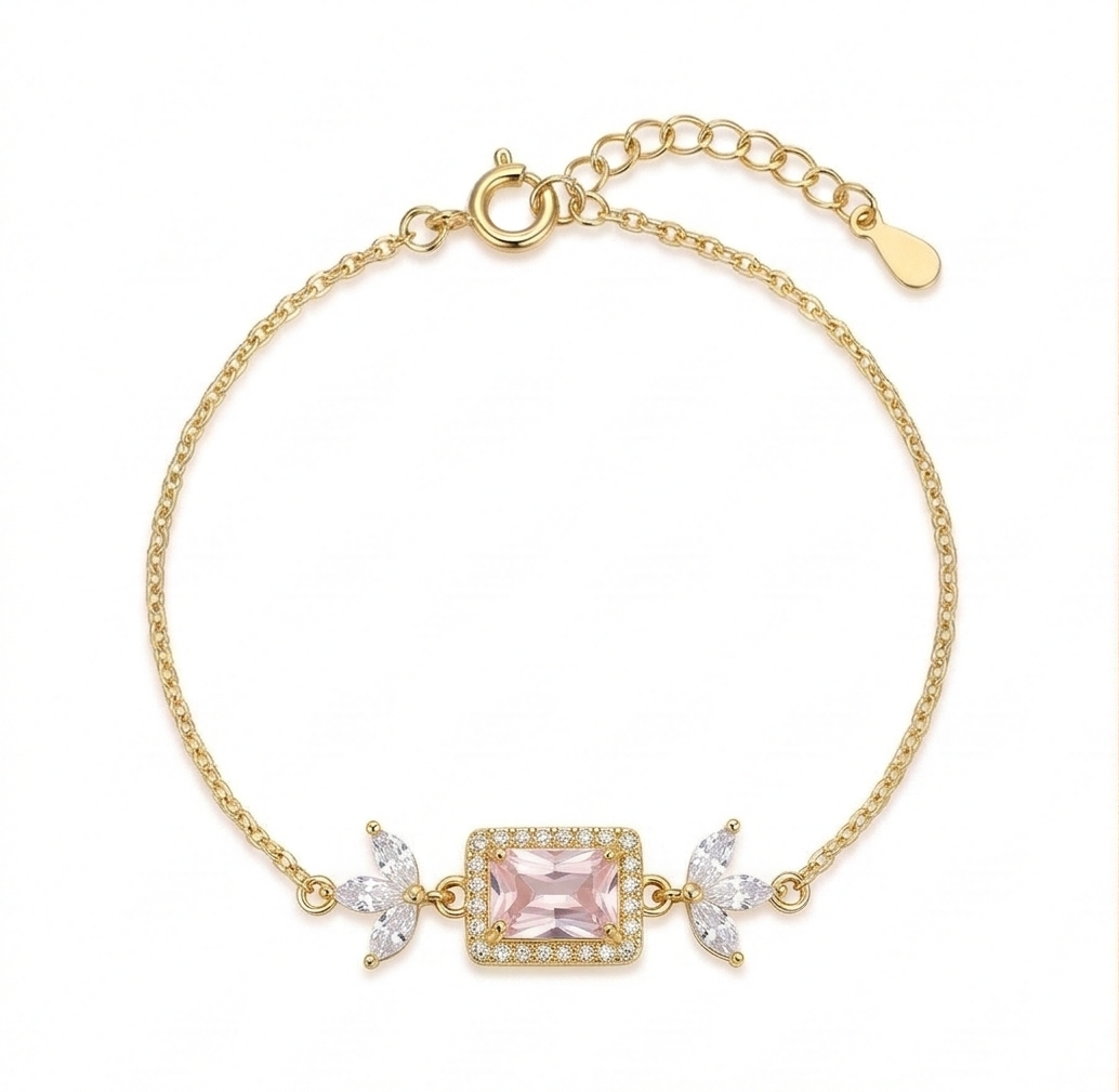 925 Sterling Silver Gold Plated Pink Rectangular Floral Chain Bracelet Premium Jewellery for Women