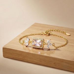 925 Sterling Silver Gold Plated Pink Rectangular Floral Chain Bracelet Premium Jewellery for Women