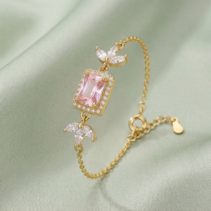925 Sterling Silver Gold Plated Pink Rectangular Floral Chain Bracelet Premium Jewellery for Women