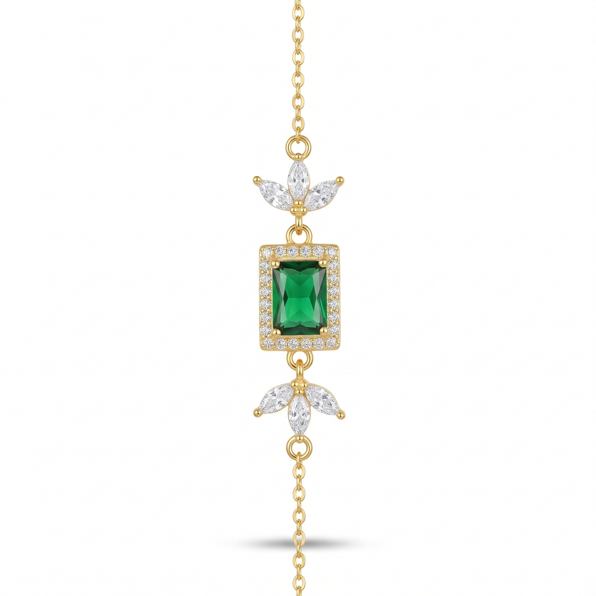 925 Sterling Silver Gold Plated Emerald Green Rectangular Floral Chain Bracelet Premium Jewellery for Women