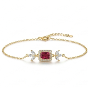 925 Sterling Silver Gold Plated Ruby Red Rectangular Floral Chain Bracelet Premium Jewellery for Women