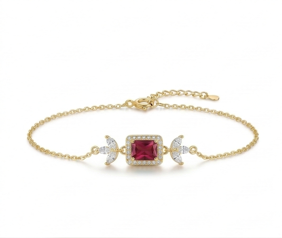 925 Sterling Silver Gold Plated Ruby Red Rectangular Floral Chain Bracelet Premium Jewellery for Women