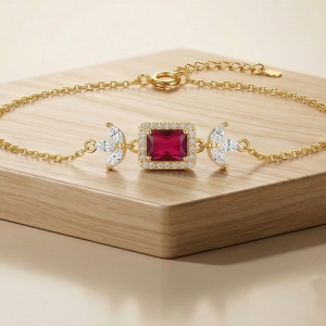925 Sterling Silver Gold Plated Ruby Red Rectangular Floral Chain Bracelet Premium Jewellery for Women