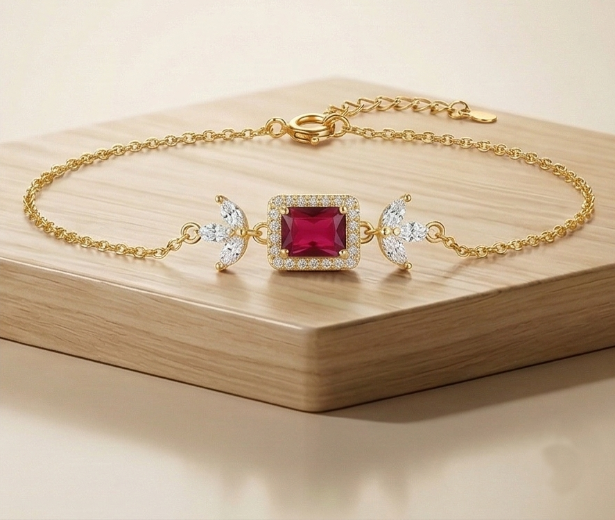925 Sterling Silver Gold Plated Ruby Red Rectangular Floral Chain Bracelet Premium Jewellery for Women