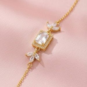 925 Sterling Silver Gold Plated Rectangular Floral Chain Bracelet Premium Jewellery for Women