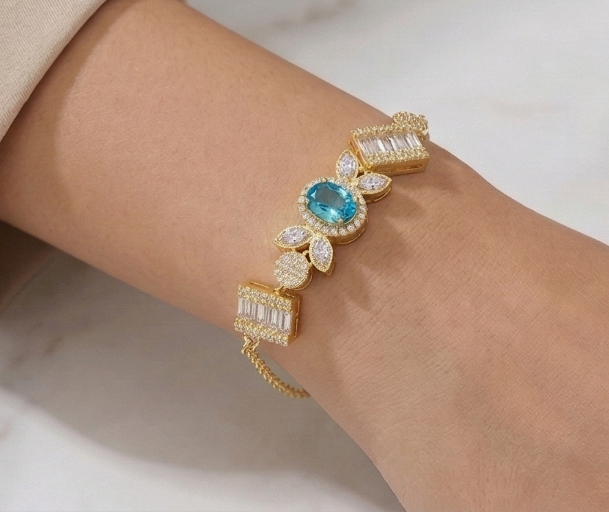 925 Sterling Silver Gold Plated Aquamarine Blue Vintage Inspired Chain Bracelet Premium Jewellery for Women