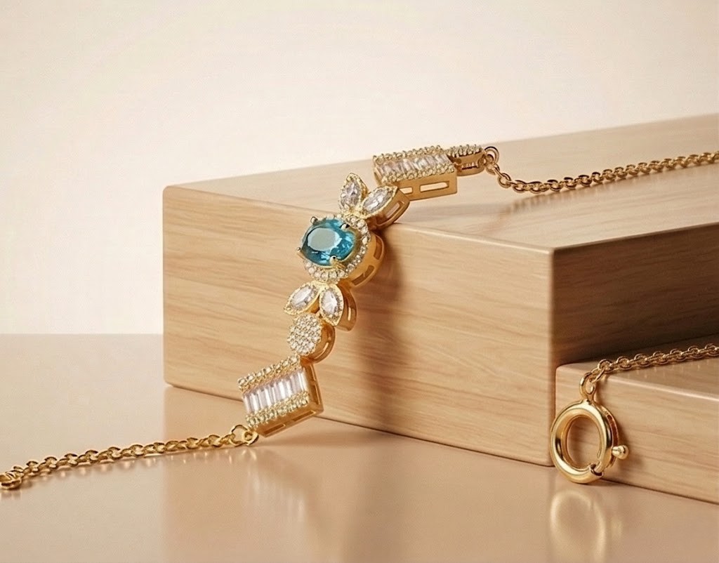 925 Sterling Silver Gold Plated Aquamarine Blue Vintage Inspired Chain Bracelet Premium Jewellery for Women