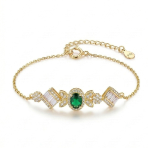 925 Sterling Silver Gold Plated Emerald Green Vintage Inspired Chain Bracelet Premium Jewellery for Women