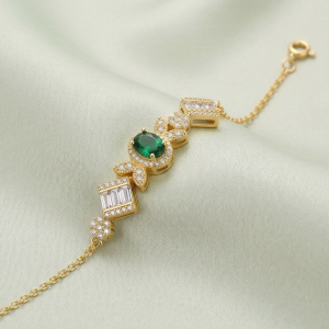 925 Sterling Silver Gold Plated Emerald Green Vintage Inspired Chain Bracelet Premium Jewellery for Women