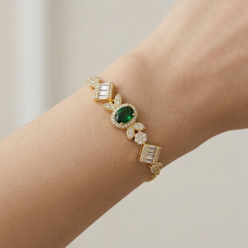 925 Sterling Silver Gold Plated Emerald Green Vintage Inspired Chain Bracelet Premium Jewellery for Women