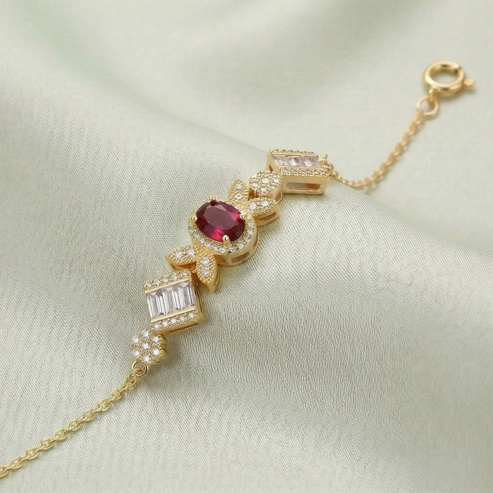 925 Sterling Silver Gold Plated Red Stone Statement Bracelet Premium Jewellery for Women