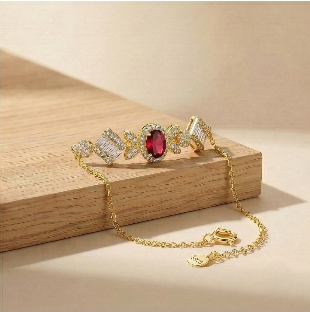 925 Sterling Silver Gold Plated Red Stone Statement Bracelet Premium Jewellery for Women