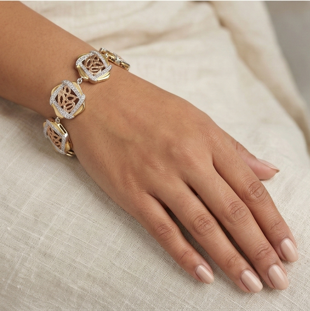 925 Sterling Silver Two-Tone Abstract Floral Link Bracelet Premium Jewellery for Women