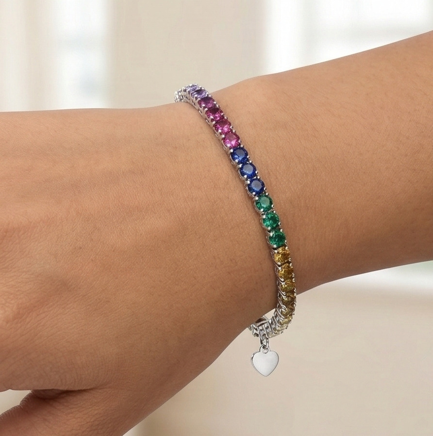 925 Sterling Silver Rhodium Plated Rainbow Stone Tennis Bracelet Premium Jewellery for Women