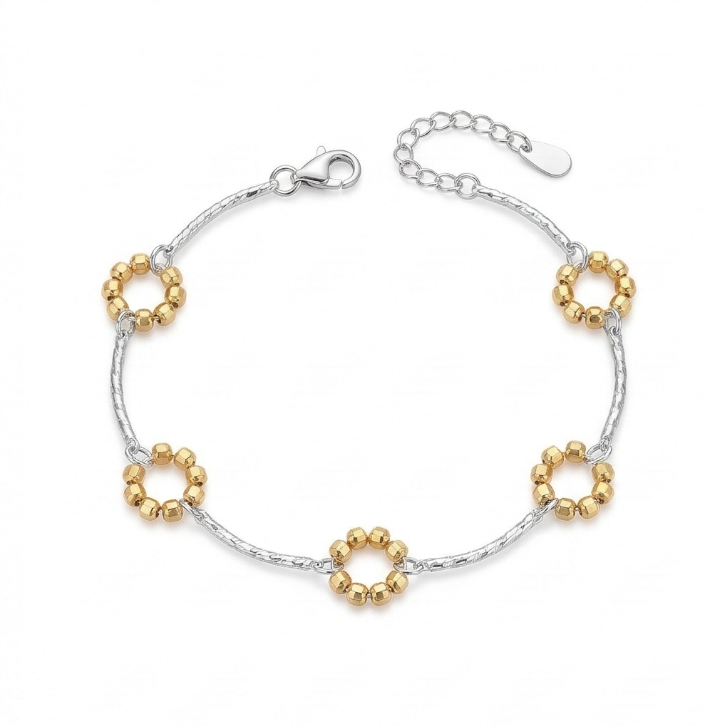 925 Sterling Silver Two-Tone Beaded Circle Link Bracelet Premium Jewellery for Women