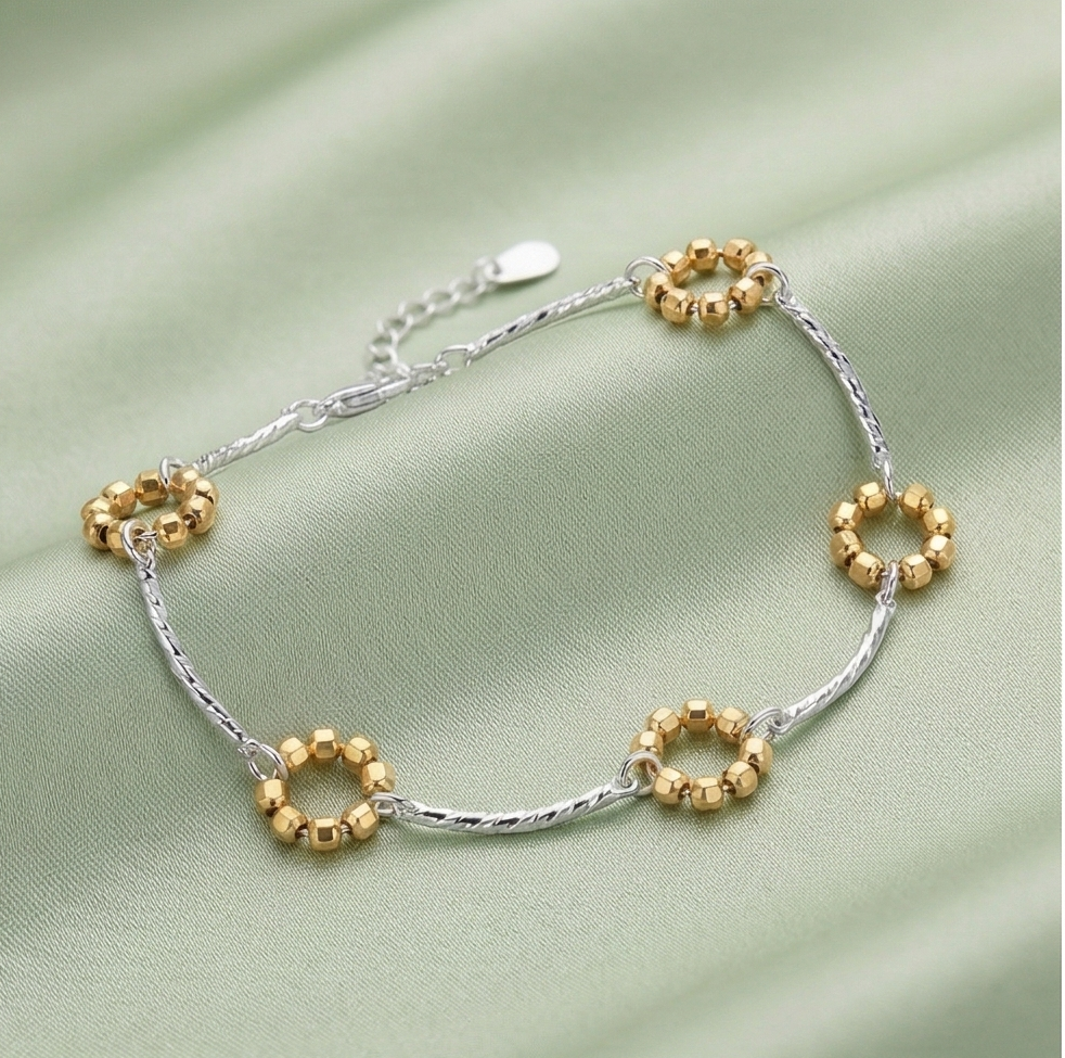 925 Sterling Silver Two-Tone Beaded Circle Link Bracelet Premium Jewellery for Women