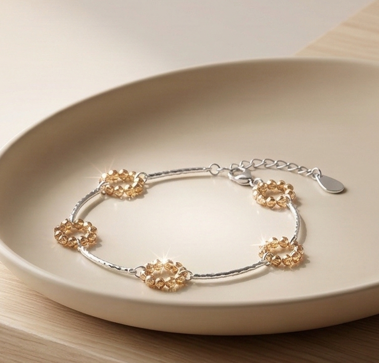 925 Sterling Silver Two-Tone Beaded Circle Link Bracelet Premium Jewellery for Women