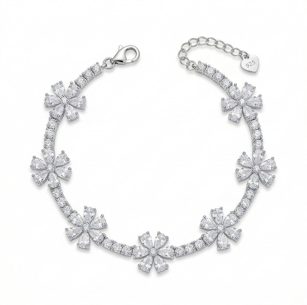 925 Sterling Silver Rhodium Plated Floral Blossom Bracelet Premium Jewellery for Women