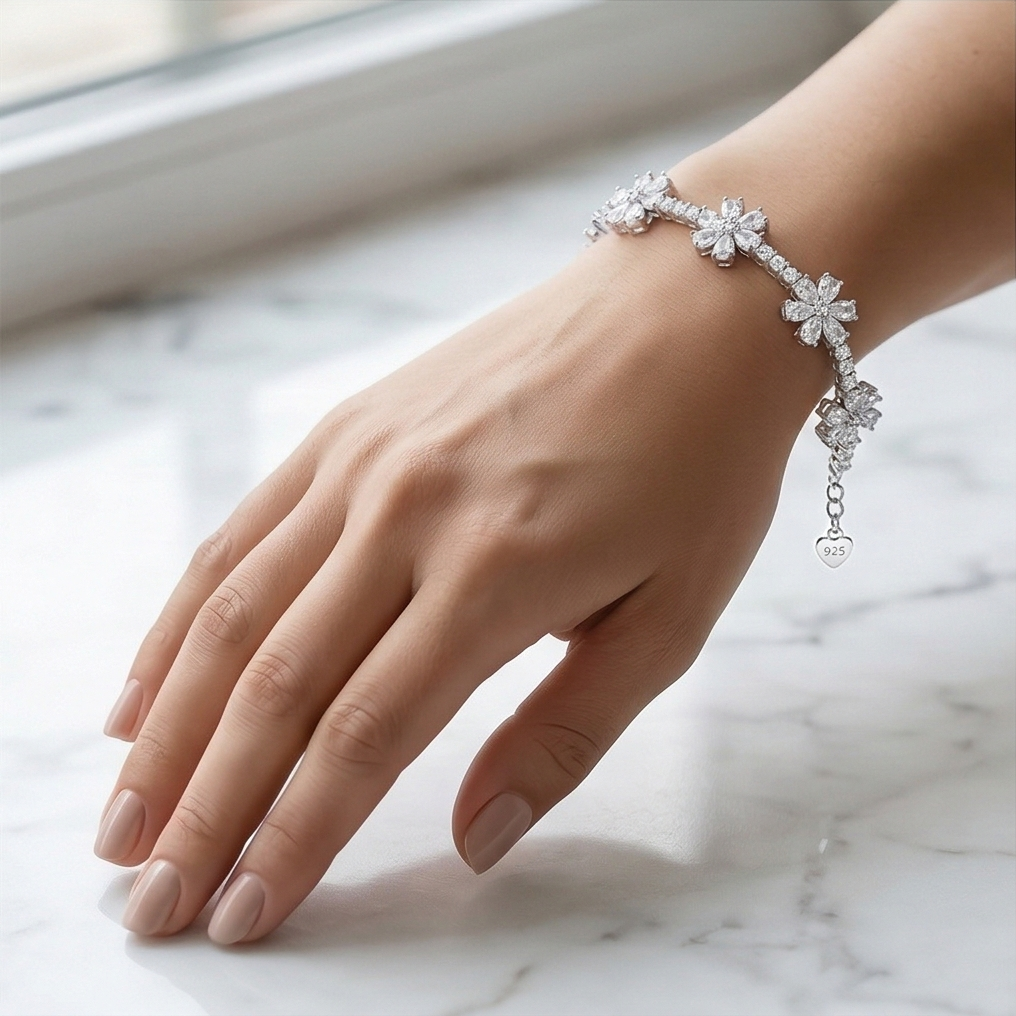 925 Sterling Silver Rhodium Plated Floral Blossom Bracelet Premium Jewellery for Women