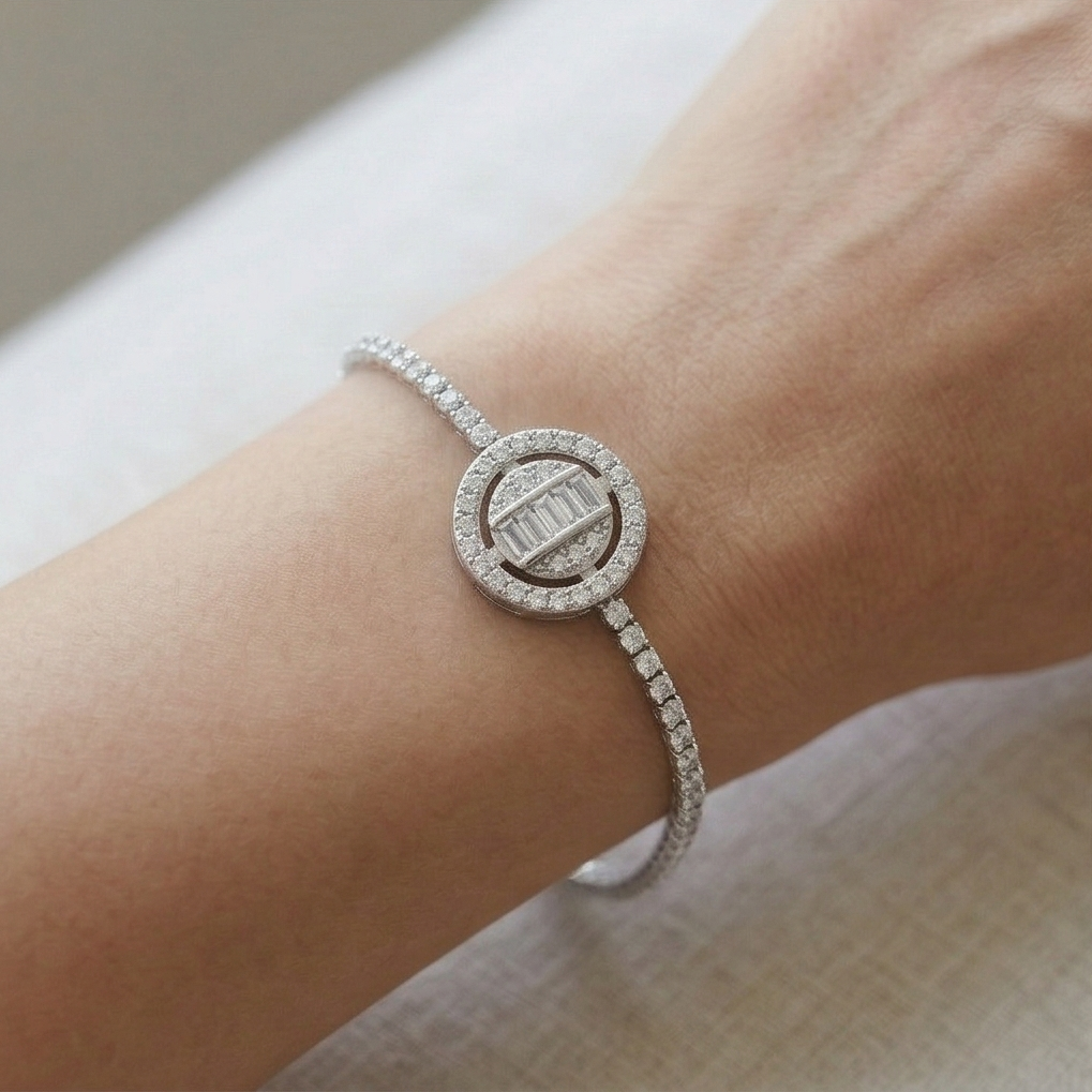 925 Sterling Silver Rhodium Plated Halo Centerpiece Tennis Bracelet Premium Jewellery for Women