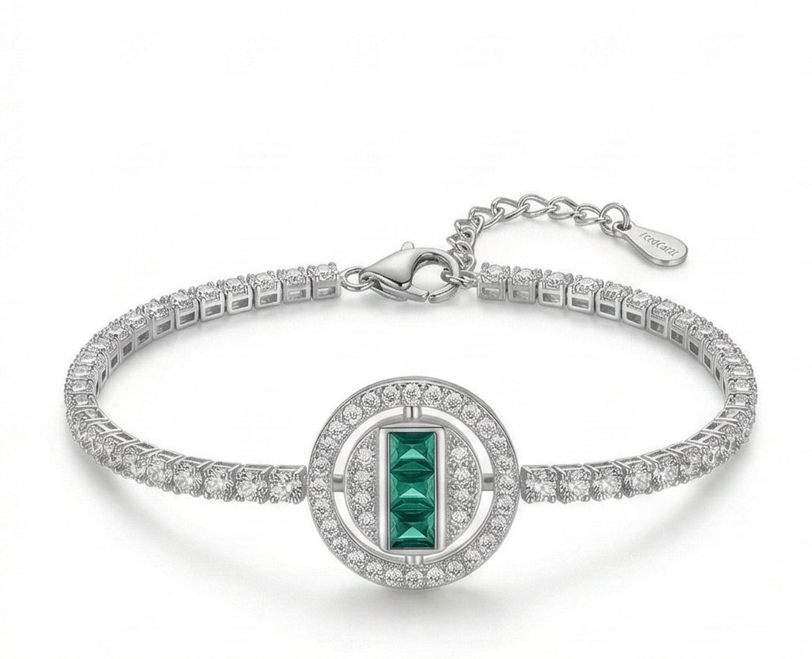 925 Sterling Silver Halo Emerald Cut Green Stone Tennis Bracelet High Polish Rhodium Premium Finish Premium Women's Jewellery