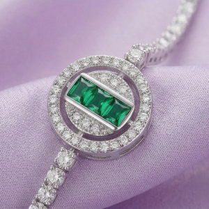925 Sterling Silver Halo Emerald Cut Green Stone Tennis Bracelet High Polish Rhodium Premium Finish Premium Women's Jewellery