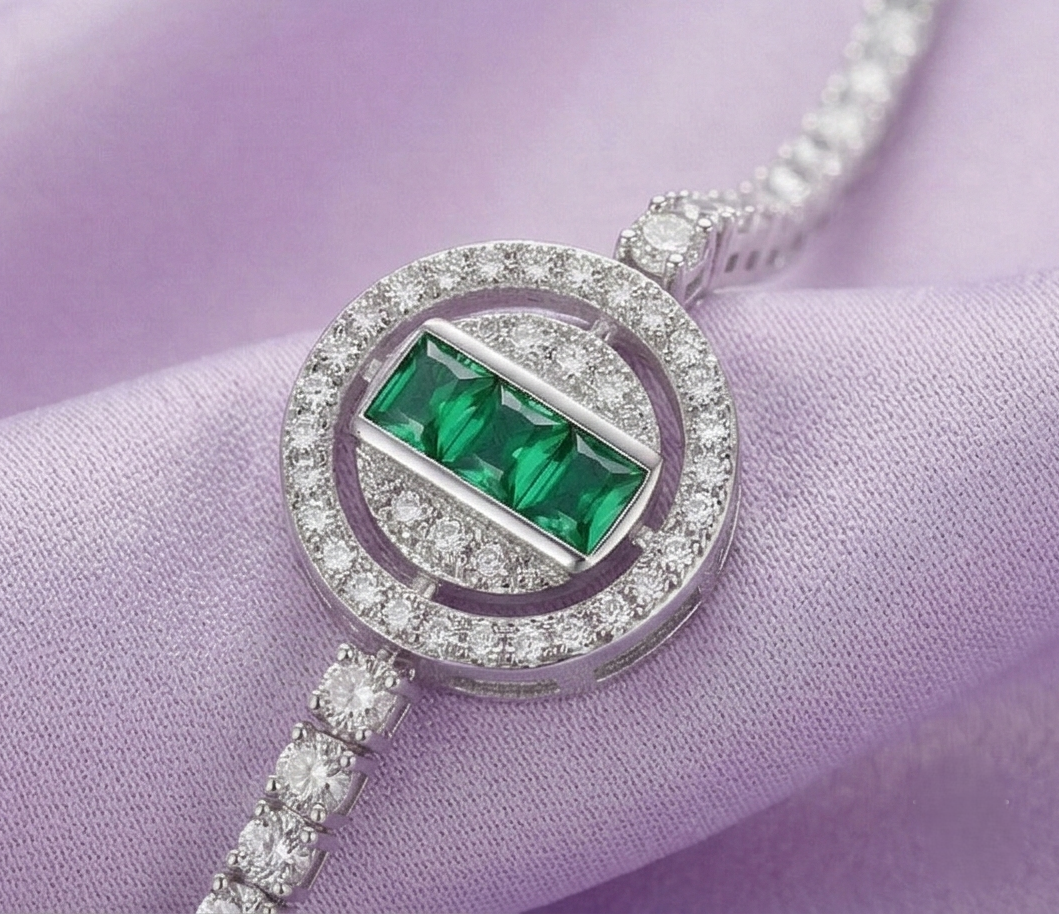 925 Sterling Silver Halo Emerald Cut Green Stone Tennis Bracelet High Polish Rhodium Premium Finish Premium Women's Jewellery